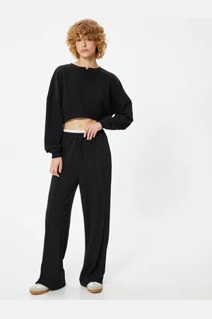 Koton Women Round Neck Solid Pullover Crop Sweatshirt