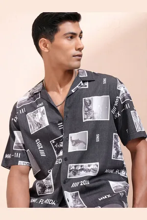 LocoMotive Men Cuban Collar Graphic Printed Cotton Relaxed Fit Casual Shirt