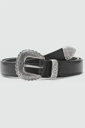 MANGO Women Slim Belt with Metallic Tang Closure