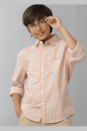 UNDER FOURTEEN ONLY Boys Spread Collar Vertical Striped Cotton Casual Shirt