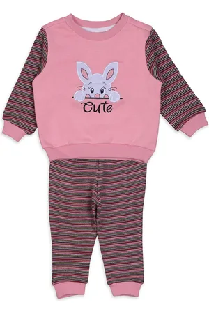 White Snow Infants Girls Self Design Round Neck Fleece Sweatshirt With Joggers