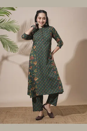 Globus Women Floral Printed Panelled Thread Work Pure Cotton Kurta with Trousers