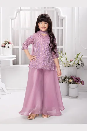 Tiny Kingdom Girls Floral Embroidered V-Neck Straight Kurti With Palazzo & Dupatta