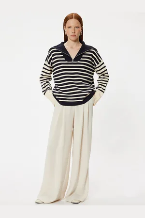 Koton Women Mock Collar Striped Pullover Sweater