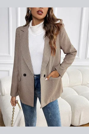 DressBerry Women Checked Lapel Collar Top