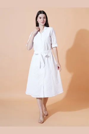 Mast & Harbour Women Schiffli Shirt Collar Cotton A-Line Midi Dress