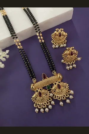 Digital Dress Room Gold-Plated Stone-Studded & Beaded Peacock/Flower Mangalsutra Set