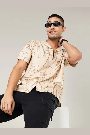 PEOPLE Men Cuban Collar Abstract Printed Casual Shirt