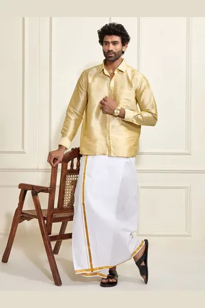 Vastramay Shirt Collar Long Roll-Up Sleeves Shirt With Veshti