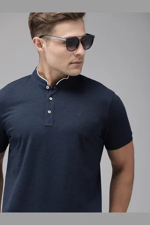 Park Avenue Men Navy Blue Solid Slim Fit Mandarin Collar T-shirt