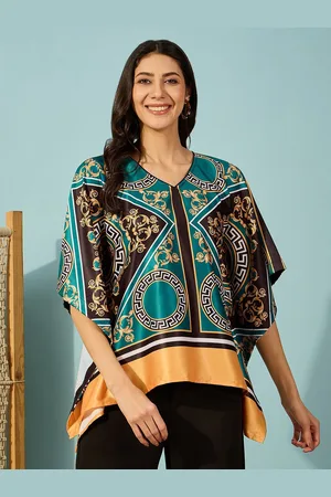 The Kaftan Company Women V-Neck Ethnic Motifs Printed Batwing Sleeve Satin Kaftan Top