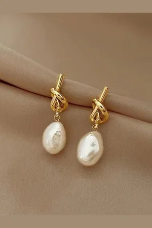 CareDone Gold-Plated Knot Detail Pearl Contempoary Drop Earring