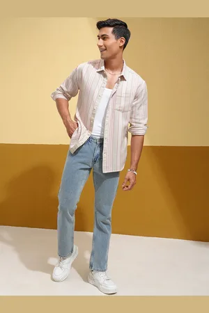 LocoMotive Premium Men Beige Pink Moclino Dobby Textured Striped Relaxed Shirt