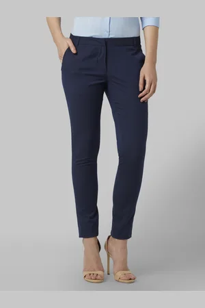 Park Avenue Women Navy Blue Tapered Fit Solid Cigarette Trousers