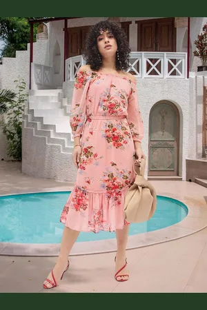 DressBerry Floral Print Off-Shoulder Puff Sleeve Georgette Empire Midi Dress