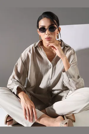 SHOWOFF Women Comfort Oversized Fit Spread Collar Textured Chiffon Casual Shirt