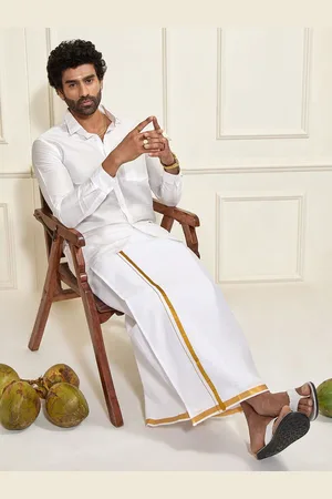 Vastramay Shirt Collar Long Roll-Up Sleeves Shirt With Veshti