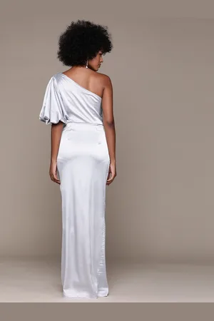 Bebe Future Glam One Shoulder Puff Sleeve Satin Maxi Dress