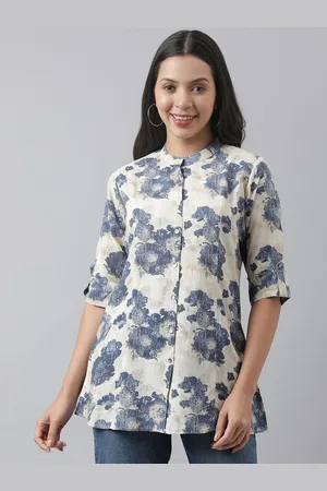BAESD Women Floral Printed Mandarin Collar Roll-Up Sleeves Tunics
