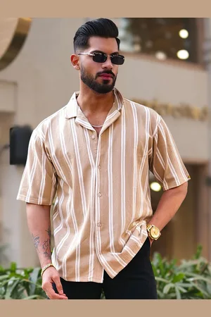 Maniac Men Comfort Oversized Fit Cuban Collar Vertical Striped Cotton Casual Shirt