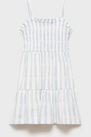 MANGO Girls Striped Pure Cotton Fit & Flare Dress with Smoked Detail