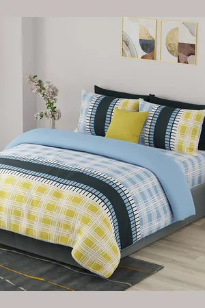 Benetton Blue & Yellow Checked Printed Cotton Double Bedding Set