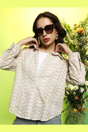 Campus Women Comfort Fit Spread Collar Textured Cotton Casual Shirt