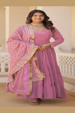 Ethnic Yard Embroidered V-Neck Georgette Maxi Gown With Dupatta