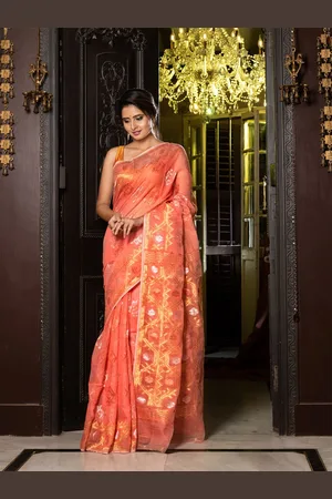 Charukriti Orange & Gold-Toned Woven Design Silk Cotton Jamdani Saree
