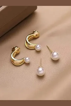 CareDone Gold-Plated Pearls Studded Contemporary Shaped Studs