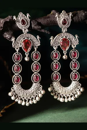 Priyaasi Silver-Plated Oxidized Stone Studded Contemporary Drop Earrings