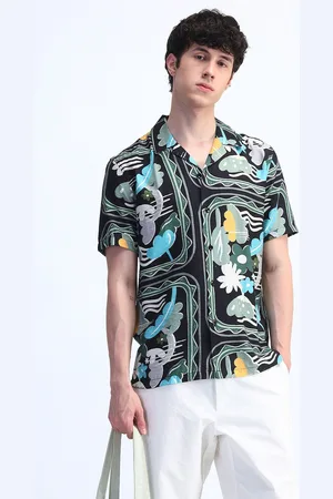 Flying Machine Men Cuban Collar Abstract Printed Casual Shirt