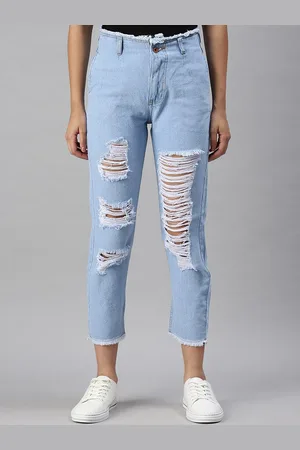 SHOWOFF Women Blue Mom Fit High-Rise Highly Distressed Light Fade Mom Fit Jeans