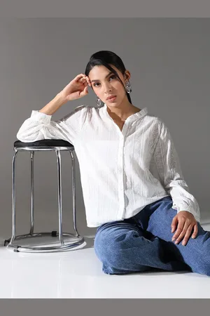 SHOWOFF Women Comfort Fit Mandarin Collar Textured Cotton Casual Shirt
