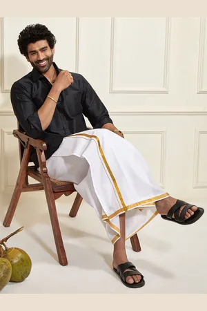 Vastramay Shirt Collar Long Roll-Up Sleeves Shirt With Veshti