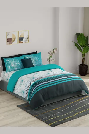 Benetton Teal Blue 4 Pcs Floral Printed Double King Cotton Bedding Set