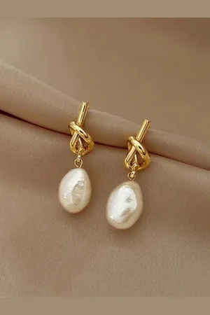 CareDone Gold-Plated Knot Detail Pearl Contempoary Drop Earring