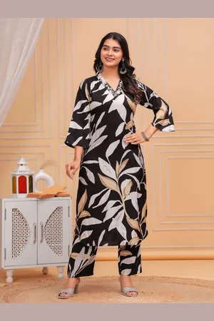 EtnicaWear Floral Printed Thread Work Pure Silk Straight Kurta With Trousers