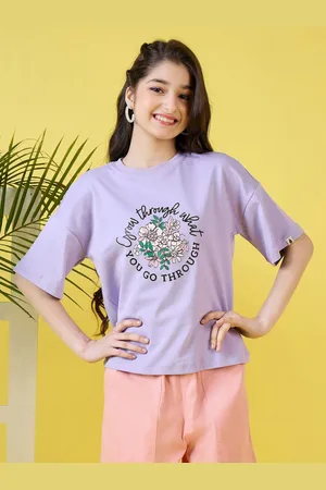 Stylo Bug Girls Floral Printed Cotton Oversized T-shirt