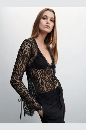 MANGO Splunging V-Neck Bell Sleeves Lace Sheer Top