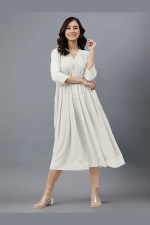 Janasya Women Off White Dobby Chiffon Self Design Flared Kurta
