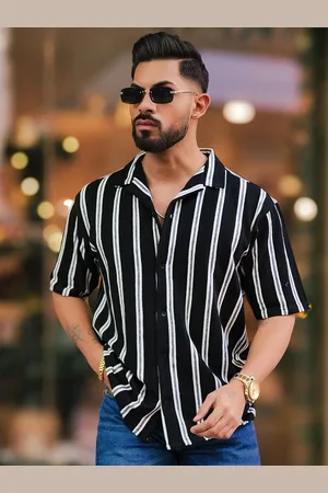 Maniac Men Comfort Oversized Fit Cuban Collar Vertical Striped Cotton Casual Shirt