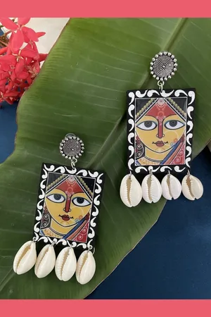 Digital Dress Room Silver-Plated Goddess Durga Sea Shell Square Shaped Drop Earrings