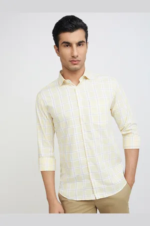 Park Avenue Men Yellow & White Slim Fit Tartan Checked Pure Cotton Casual Shirt