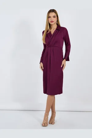 Styli Women Lapel Collar Wrap Puff Sleeves Sheath Midi Dress With Slit