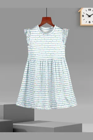HELLCAT Girls Striped Flutter Sleeves Cotton Fit and Flare Dress