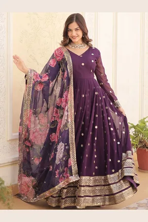 Ethnic Yard Geometric Embroidered V-Neck Georgette Anarkali Kurta With Dupatta