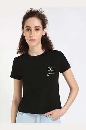 Calvin Klein Women SCRIPT INSTITUTIONAL Typography Printed Round Neck Cotton T-shirt
