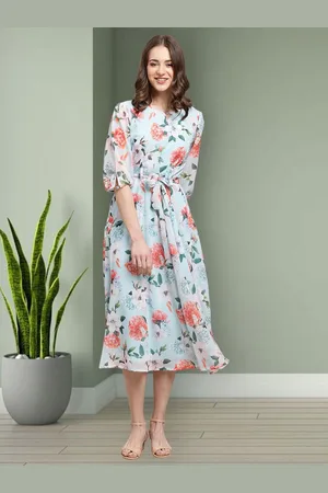 Mast & Harbour Floral Printed Puff Sleeve Georgette Fit & Flare Midi Dress