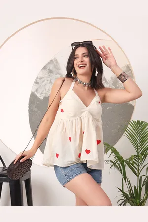 Mitera Women Embroidered Halter Neck Cotton Empire Top